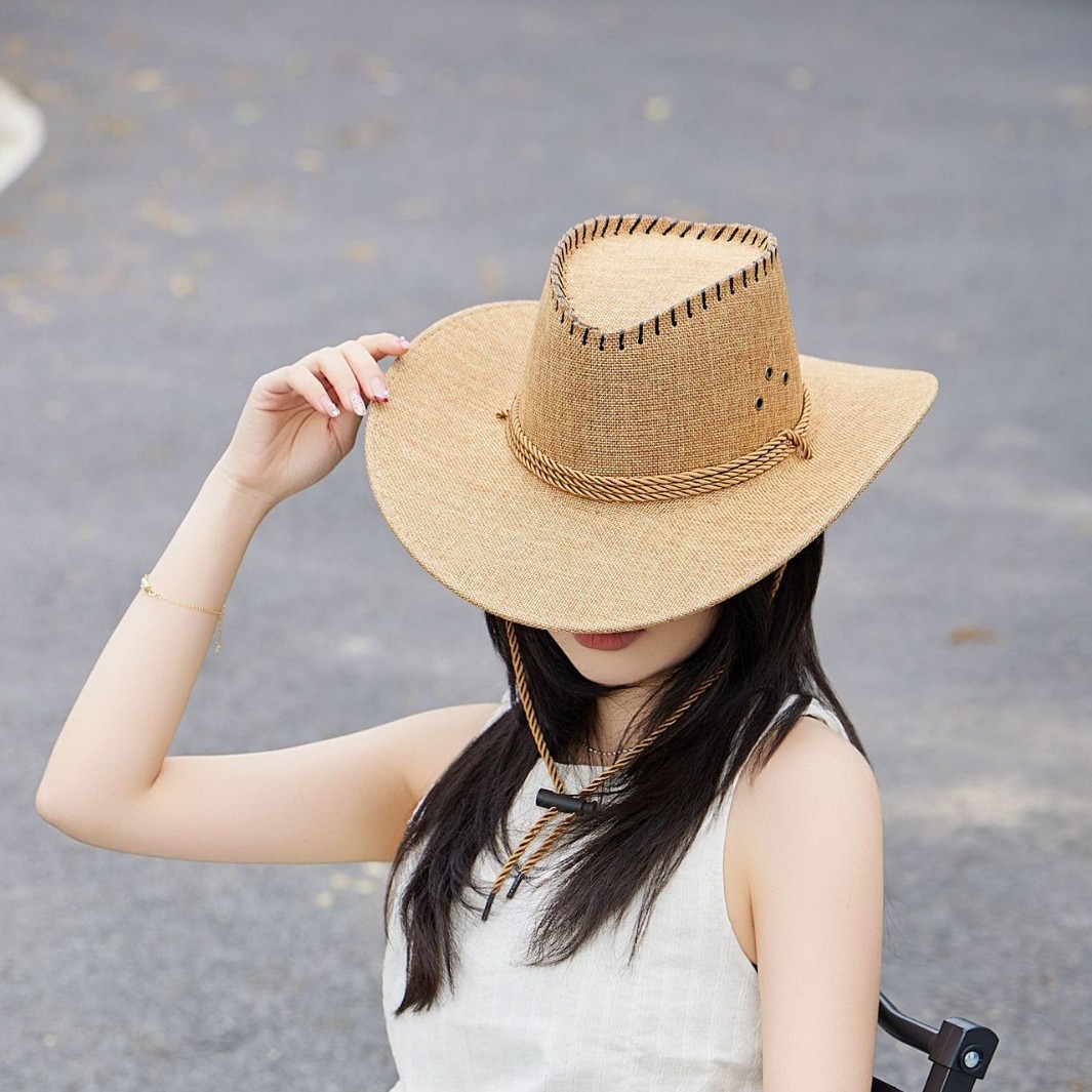 Sombrero Vaquero de Lino Unisex de Poliéster y Lino con Protección Solar para Pesca y Turismo