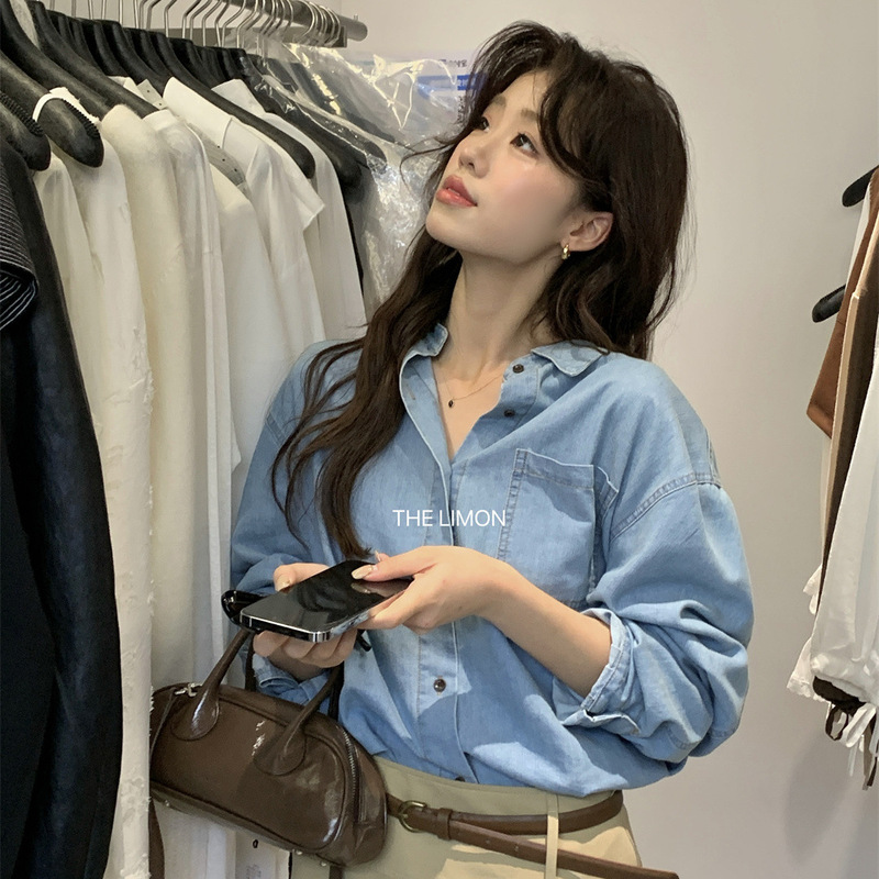 THE LIMON柠檬绿茶2025秋季牛仔衬衫女小众长袖上衣衬衣港风法式|undefined