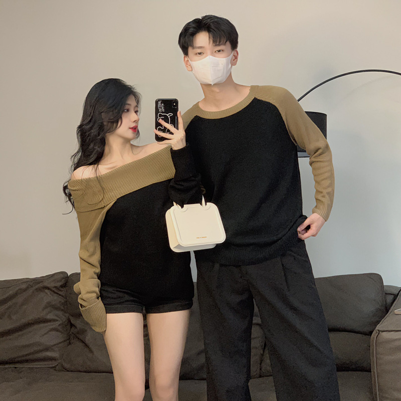 2023 가을과 겨울 애호가 새로운 한국 기질 오픈 숄더 투피스 컬러 매칭 스웨터 남성 라글란 슬리브 코트
