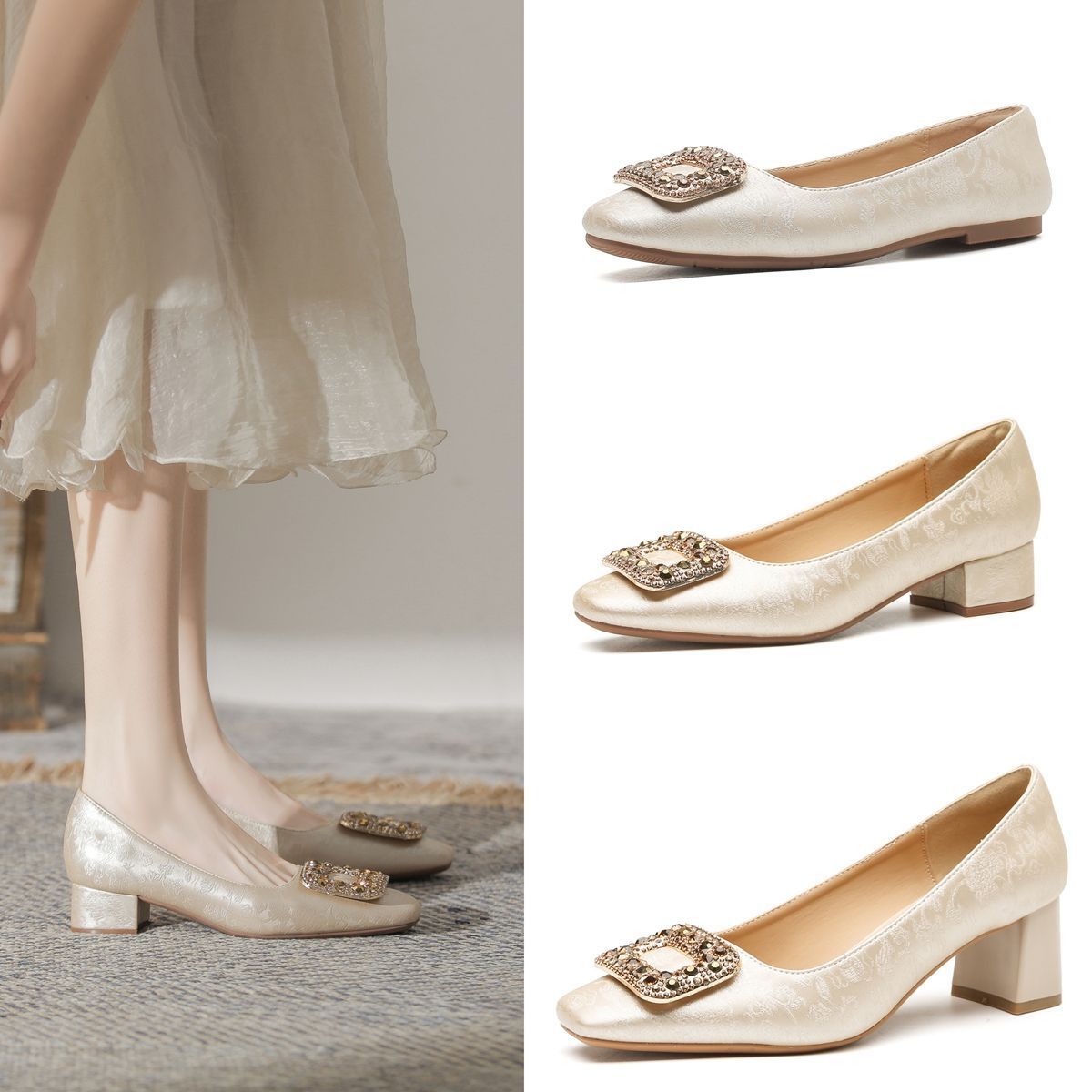 现货新款2025夏季国风平底单鞋女鞋新中式气质浅口粗跟高跟大码43