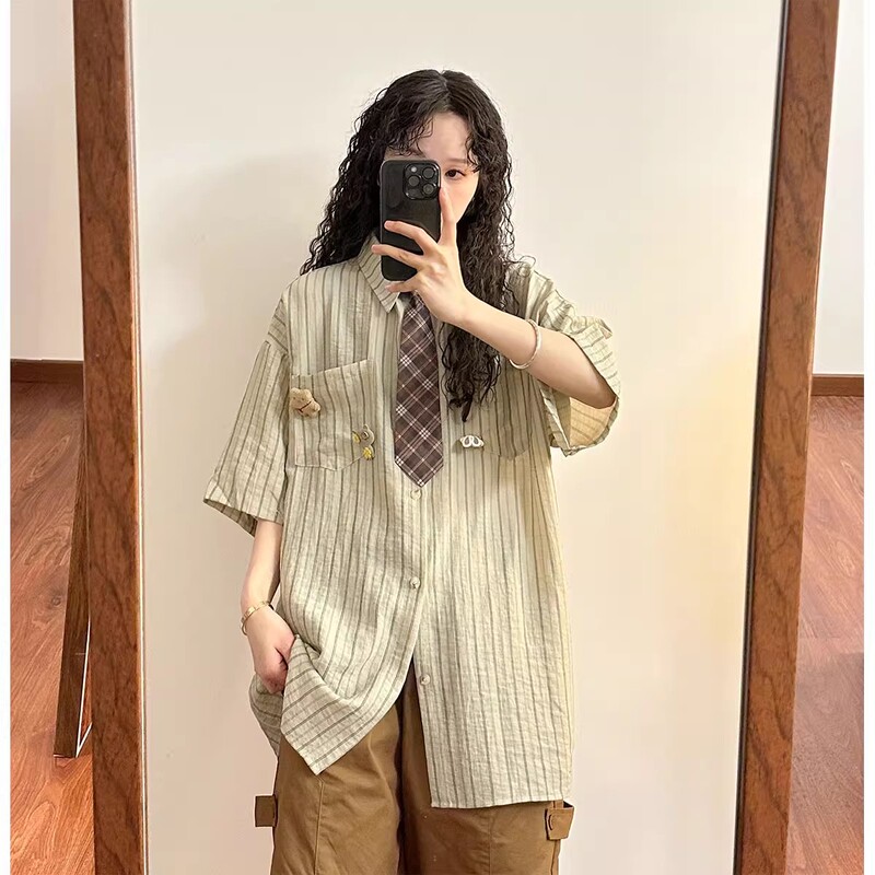 Japanese Retro College Style Design Striped Tie Short-Sleeve Shirt for Women 2025 Summer New Loose Top Trendy
