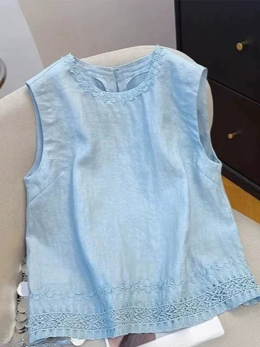 今年人気のブルー刺繍リネンノースリーブシャツ女性用2025夏の新しいルーズで多用途の甘いトップストレンド|undefined