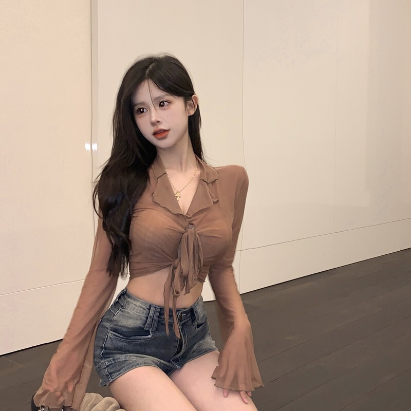 Strappy Slimming Top, Spring and Summer Slim Fit Ultra-Short Women's Shirt, Retro Design, New Style Base Shirt, Long Sleeves