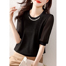 冰丝雪纺短袖T恤女夏季2024钉珠洋气纱袖拼接上衣减龄薄款针织衫