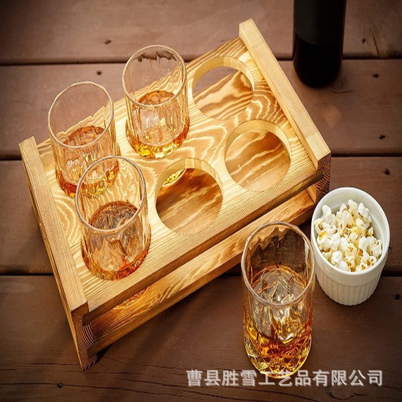创意木质酒杯架啤酒托盘带手柄咖啡杯托酒吧派对木质烈酒杯托架