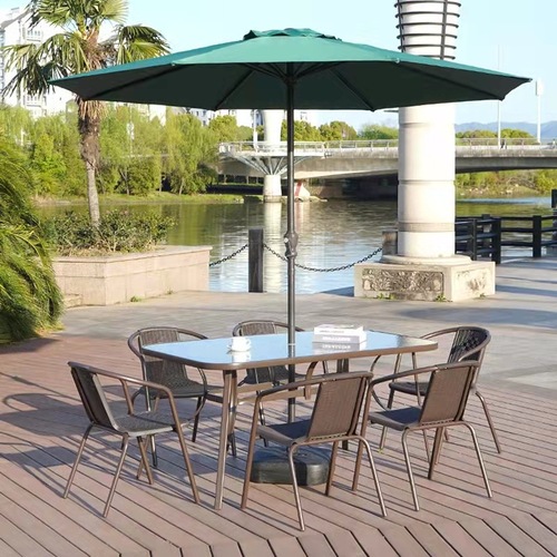 Outdoor table and chair with umbrella sunshade combination outdoor open-air coffee tea shop leisure outdoor patio ironwork courtyard rattan chair 