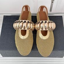 复古金属扣网纱玛丽珍单鞋女新款欧美时髦平底鞋女舒适芭蕾跳舞鞋