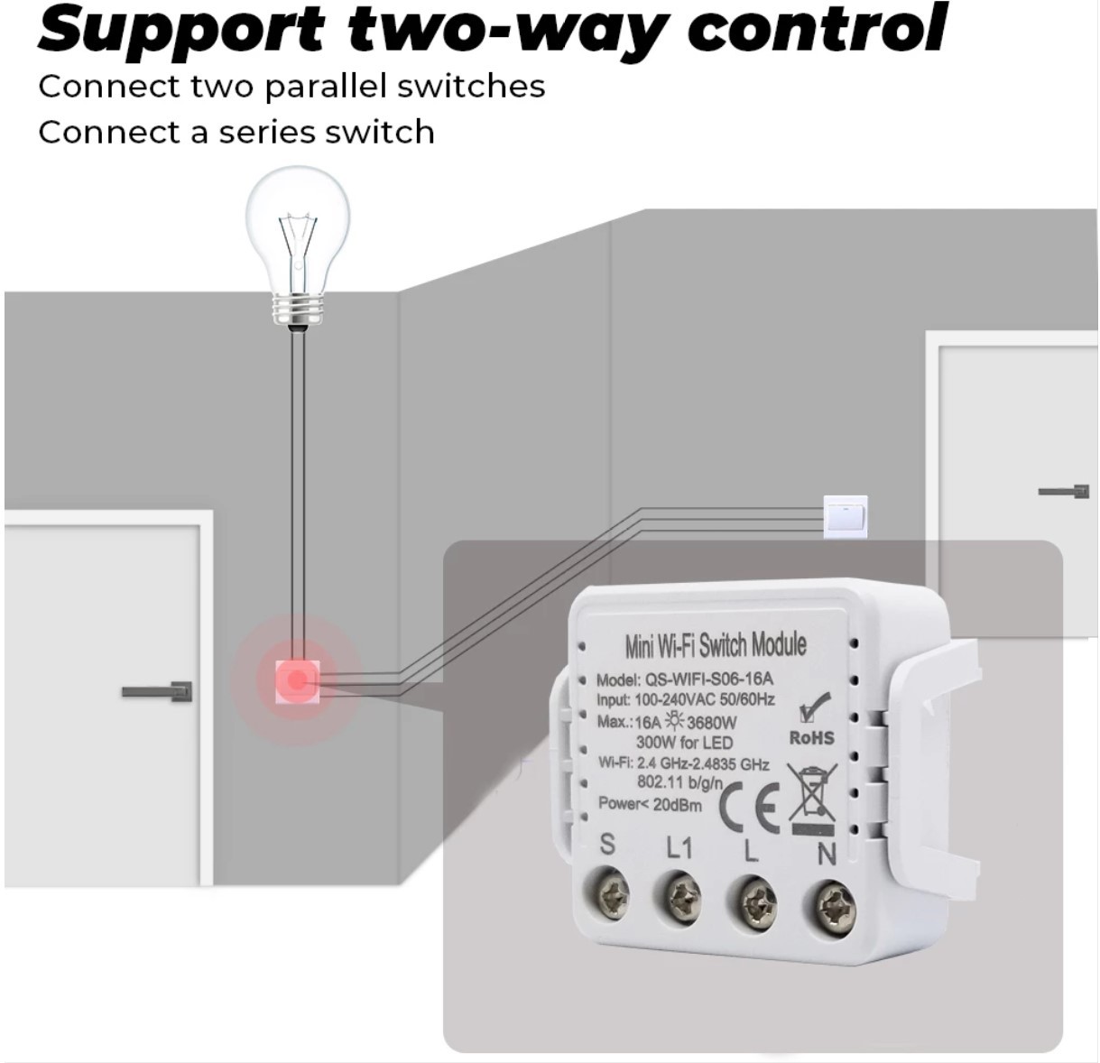 涂鸦WIFI智能开关暗藏式通断器单开双控Alaxa语音无线控制16A