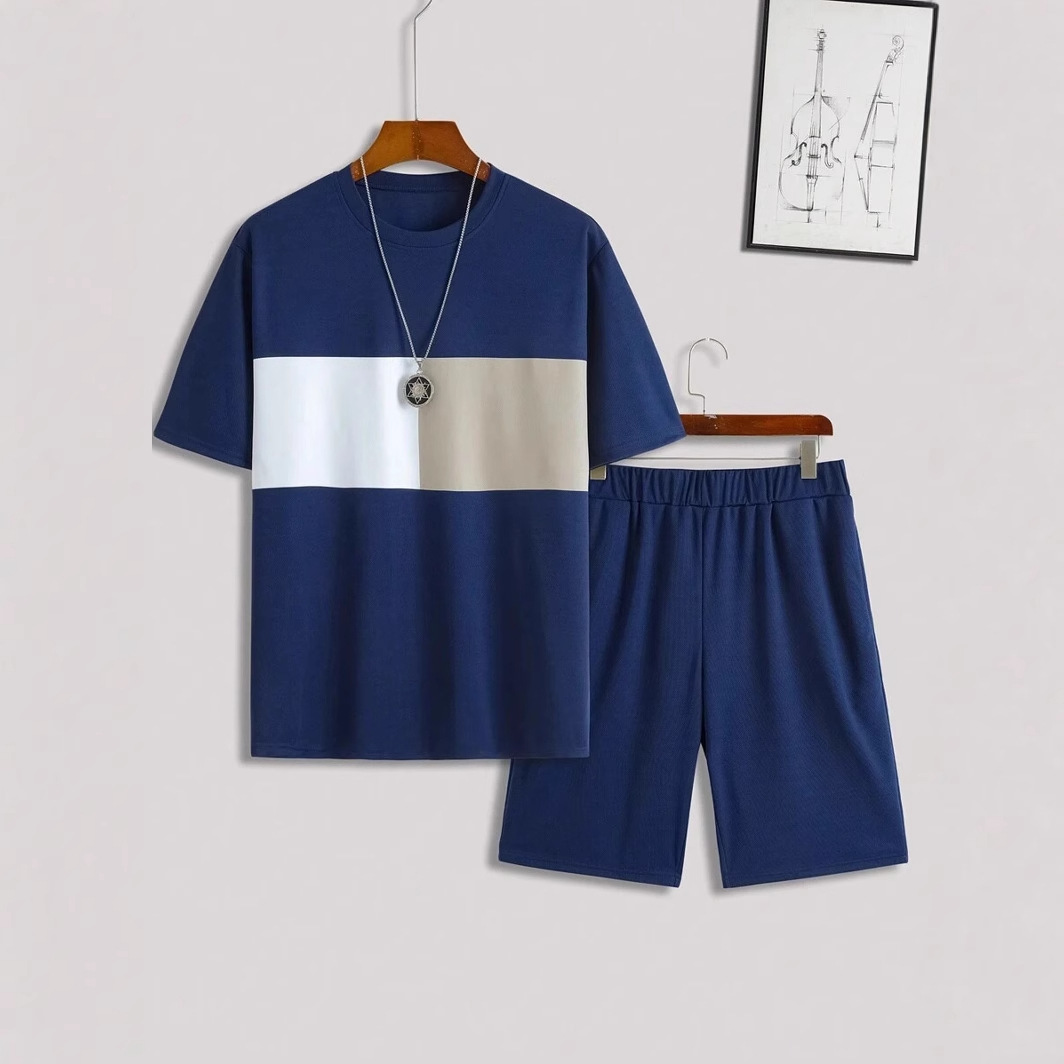 Traje de hombre con estampado digital 3D a rayas en contraste, camiseta, traje deportivo para hombre, cuello redondo, pantalones cortos con cordón de manga corta