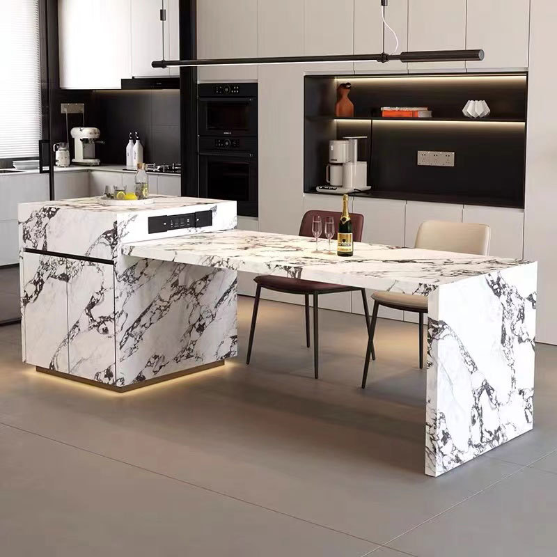 Foshan personalizada moderna simple tabla de roca completa tabla de comedor tabla de comedor de acero telescópico multifuncional tabla de comedor de bar de isla media