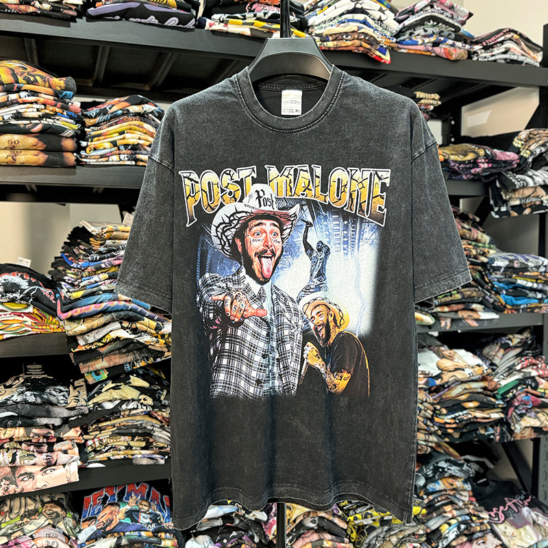 Cross-border Post Malone Potzl Print T-shirt American Vintage Washed Loose Heavy Round Neck Short Sleeve