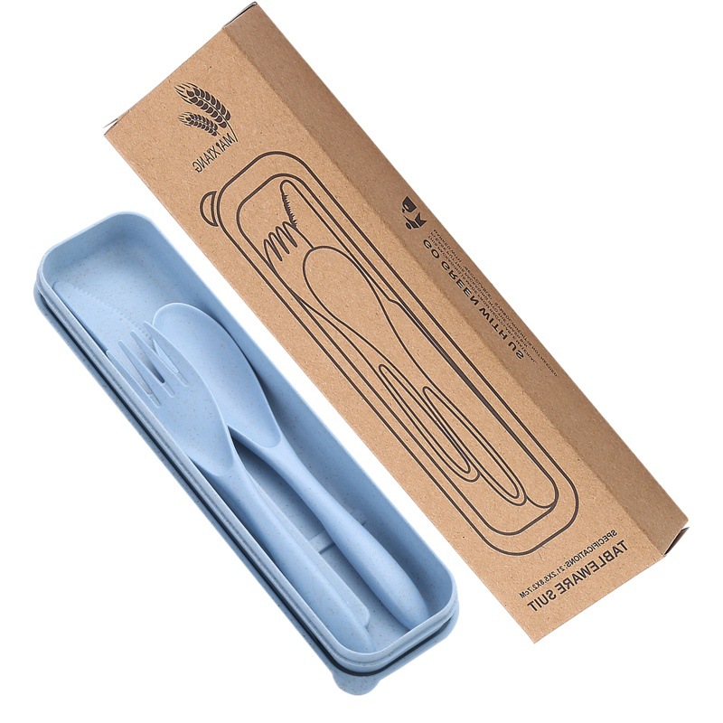 Amazon vajilla traje de trigo cuchillo de paja, tenedor y cuchara de tres piezas conjunto niños estudiante hogar portátil conjunto completo al por mayor