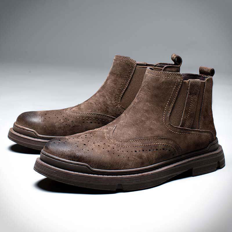Bốt Martin nam da thật cổ thấp gót vuông 1-3 cm, bốt Chelsea lót nhung giữ ấm — 79722-R lót lông màu nâu, Màu nâu 79722