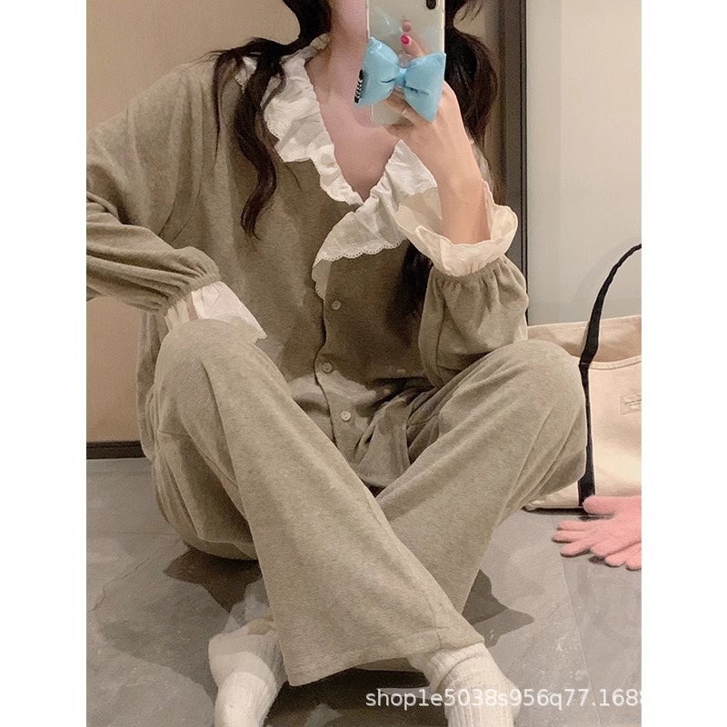 공주 FENGDE 벨벳 양면 우유 벨벳 파자마 여성의 가을과 겨울 2023 새로운 타월면 달콤한 레이스 홈 의류