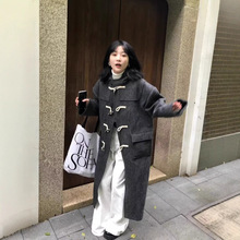 韩版灰色高级感毛呢外套女2025秋冬新款小个子牛角扣连帽呢子大衣