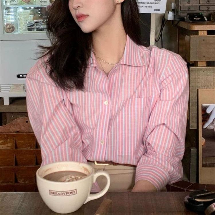 Корейский дизайн, нишевая розовая рубашка в полоску для женщин, осень 2025, французская рубашка с длинным рукавом, шикарный элегантный топ