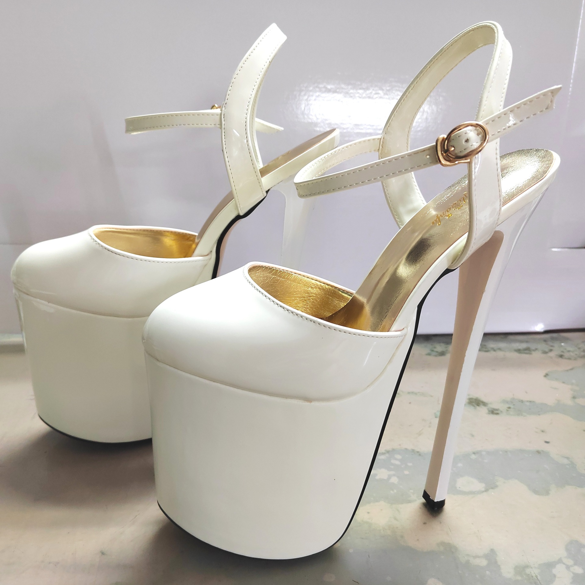 Giày sandal cao gót nữ mũi trắng gót siêu cao 22 cm đế dày — màu đen chi tiết 2