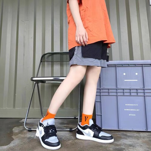 European and American black orange large V boat socks, spring and summer cotton socks, short socks, fashionable trend sports socks, streetwear hip-hop skateboard socks