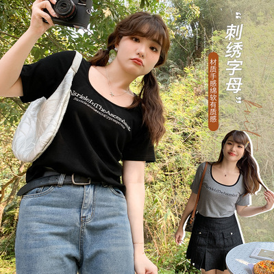 夏季新品胖mm大码女装方领刺绣辣妹修身不规则设计短款短袖62338