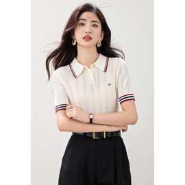 学院风POLO领条纹短袖针织衫女夏显瘦百搭气质上衣女装休闲翻领