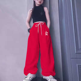 红色美式运动裤女中大童嘻哈hiphop爵士束脚休闲裤儿童演出服亲