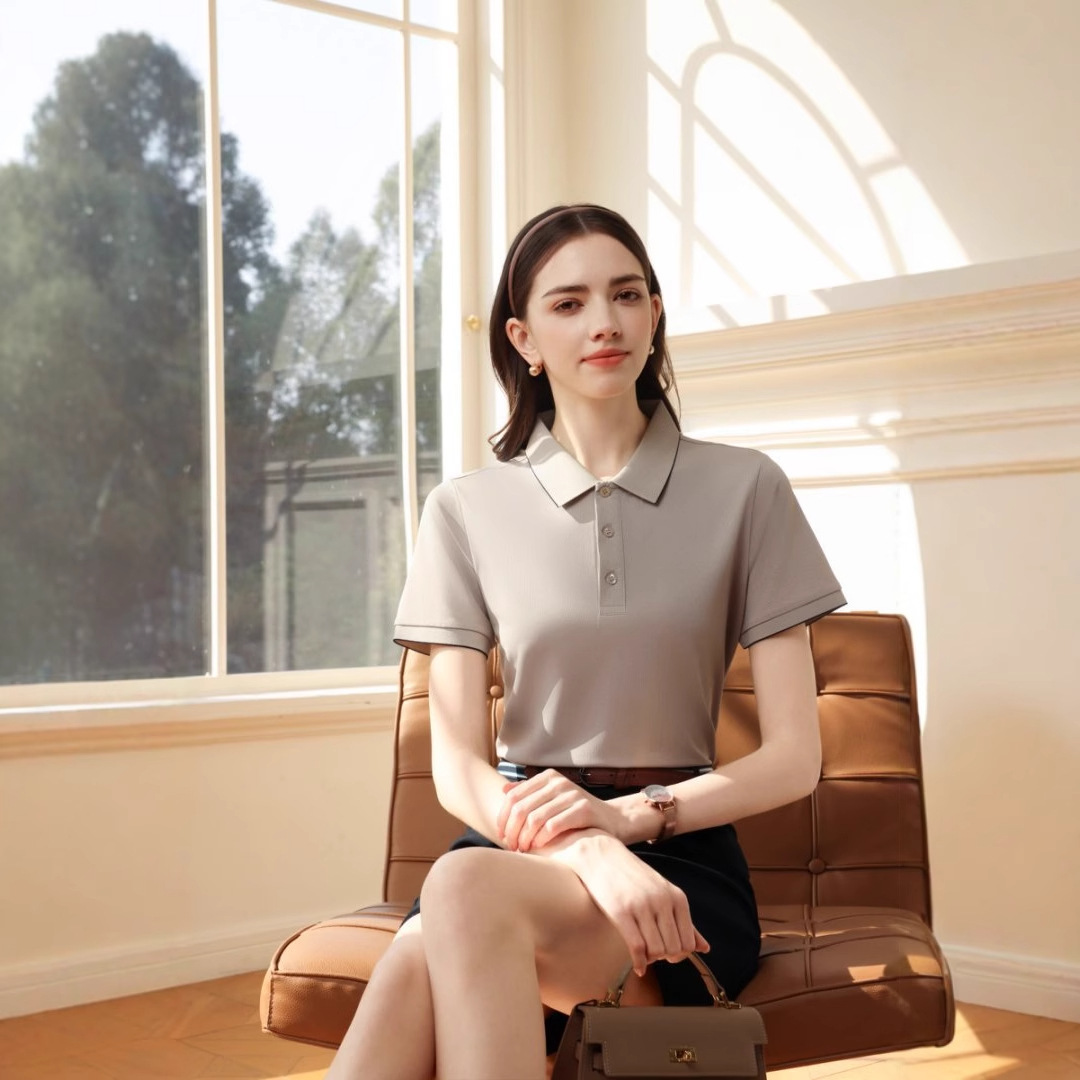 Calidad Verano frío, transpirable, ligero, lujo, fragancia fresca, poliéster, amoníaco, solapa de color sólido, camisa POLO en vivo, camiseta de manga corta