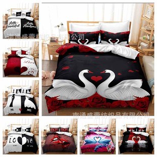 New Valentine's Day Three-Piece Set Cross-Border European and American Foreign Trade Digital Printing Kit Quilt Cover Bedding Manufacturer Direct Sales