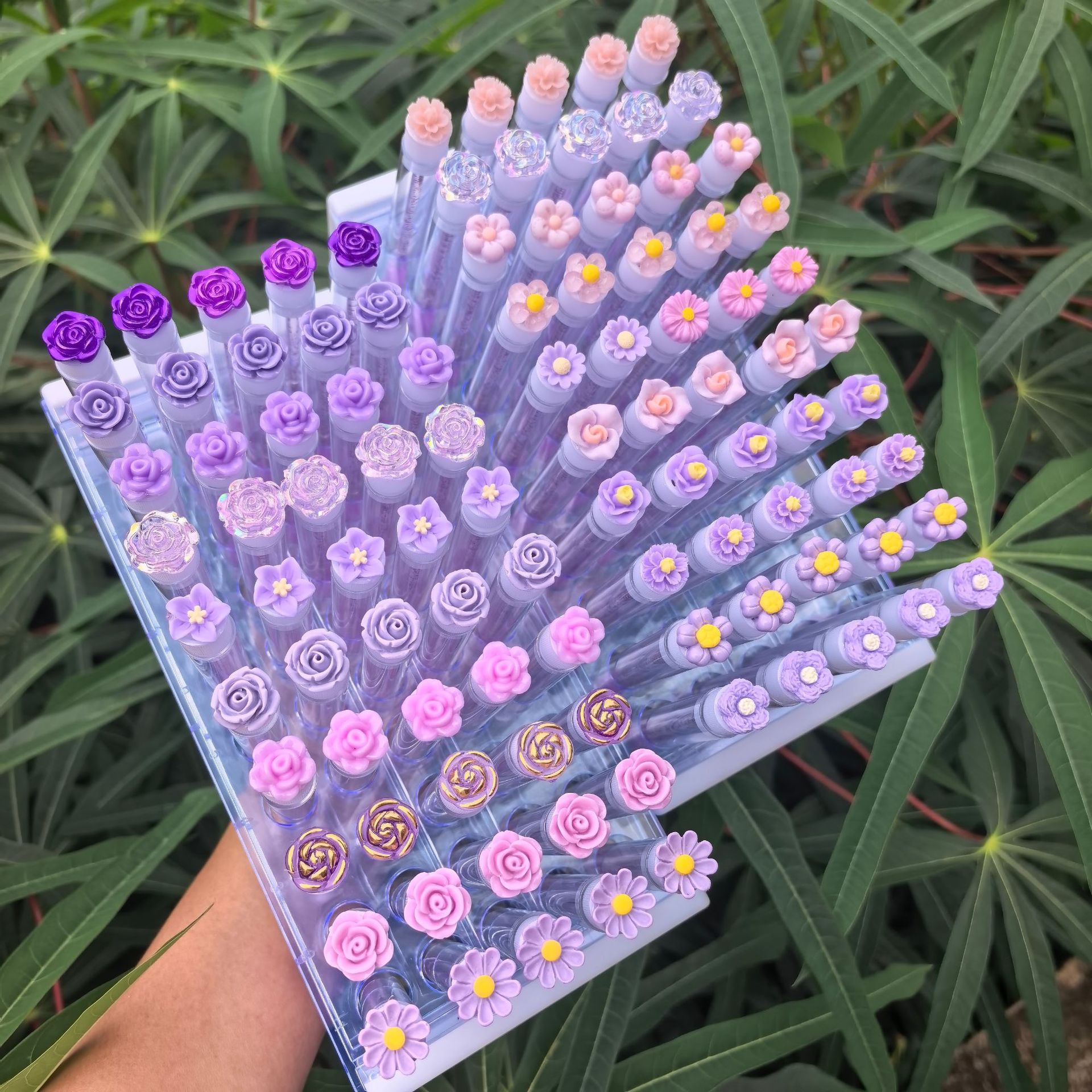 Purple flower eyelash brush with separate tube accessories, chrysanthemum crystal flower, rose flower eyelash brush tube, empty tube eyelash comb