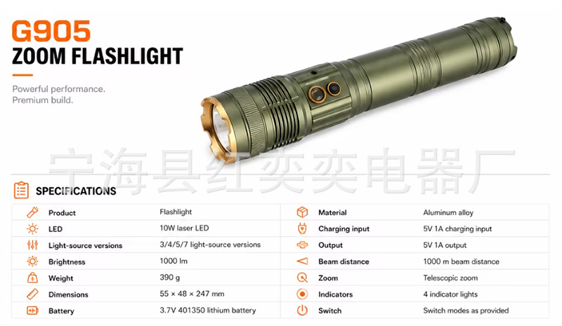 White laser high-brightness flashlight, rechargeable, dual-use for long and short distances, ultra-bright, retractable, zoomable, for camping, outdoor activities, and fishing lighting