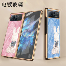 适用于小米mixfold2折叠屏手机壳卡通花纹兔防摔电镀玻璃壳膜一体