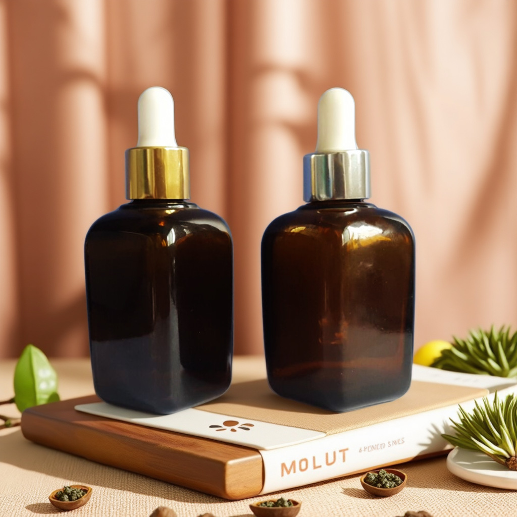 厂家现货供应50ml方型棕色精油瓶配套滴管 玻璃瓶