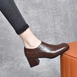 方头深口单鞋女2024春季新款欧美风简约气质侧拉链踝鞋粗跟高跟鞋