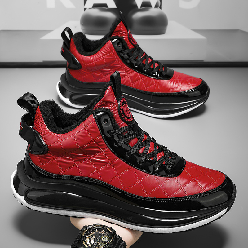 2025 Autumn and Winter Velvet Warm Casual Shoes Quilted Pattern Glossy Air Cushion Sports Shoes Silver Black All Black Red Black Trend