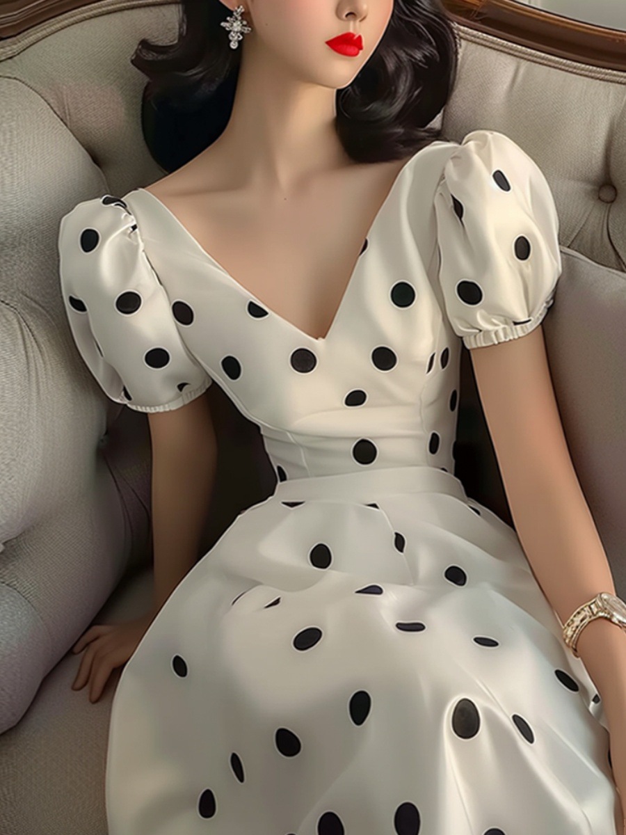 Váy liền satin tay phồng chấm bi trắng kiểu Pháp — Váy liền chấm bi