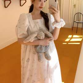 韩国ins女士夏季新品舒适韩系小猫印花家居服睡裙带发圈短袖批发