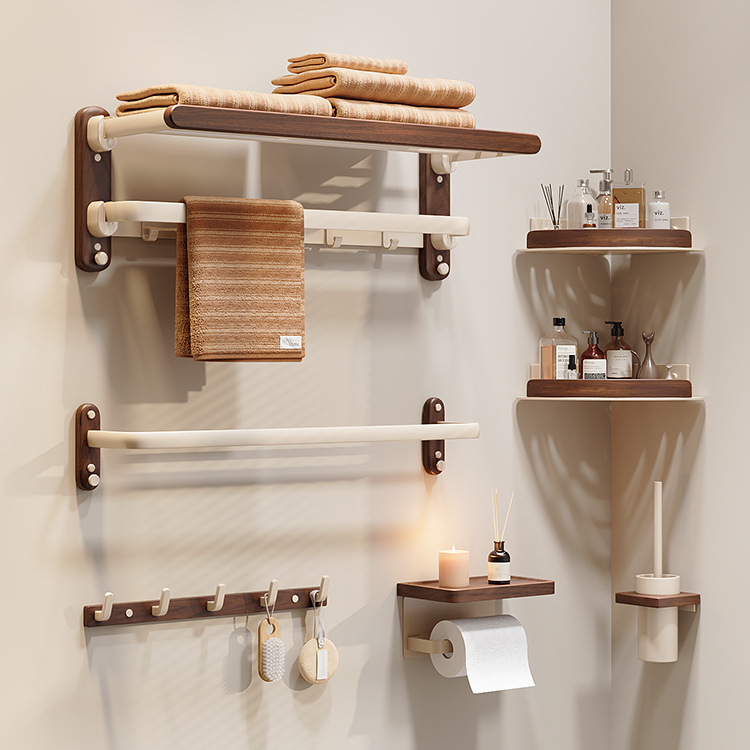 Walnut Wood High-End Bathroom No-Drill Towel Rack Integrated Hanging Rack Set Bathroom Shelf Storage Rack Towel Holder Walnut Wood High-End Bathroom No-Drill Towel Rack Integrated Hanging Rack Set Bathroom Shelf Storage Rack Towel Holder