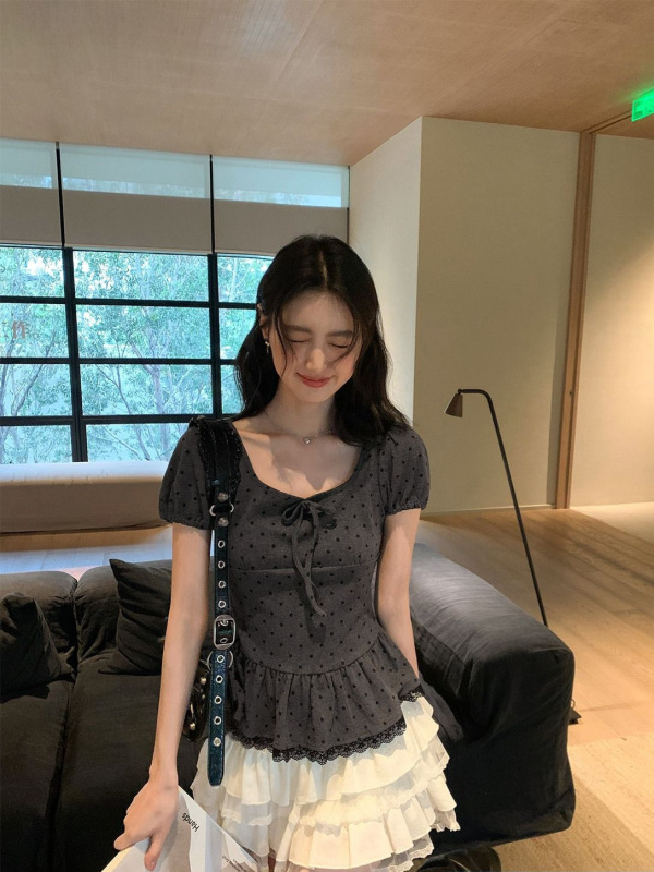 灰色波点短袖衬衫女2025夏季新款蕾丝边方领泡泡袖收腰衬衣短上衣|undefined