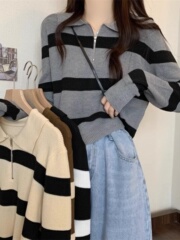 Polo领条纹针织衫早秋新款女装设计感短款韩系chic别致上衣服