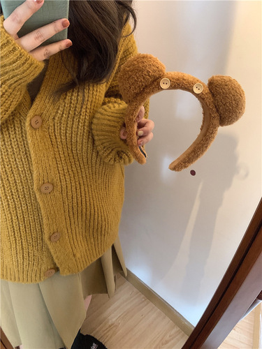 Cute Button Bear Plush Hairband: USJ Cartoon Minions, Tim the Bear, and Sesame Street Theme Park Headband—Women's Hair Accessories