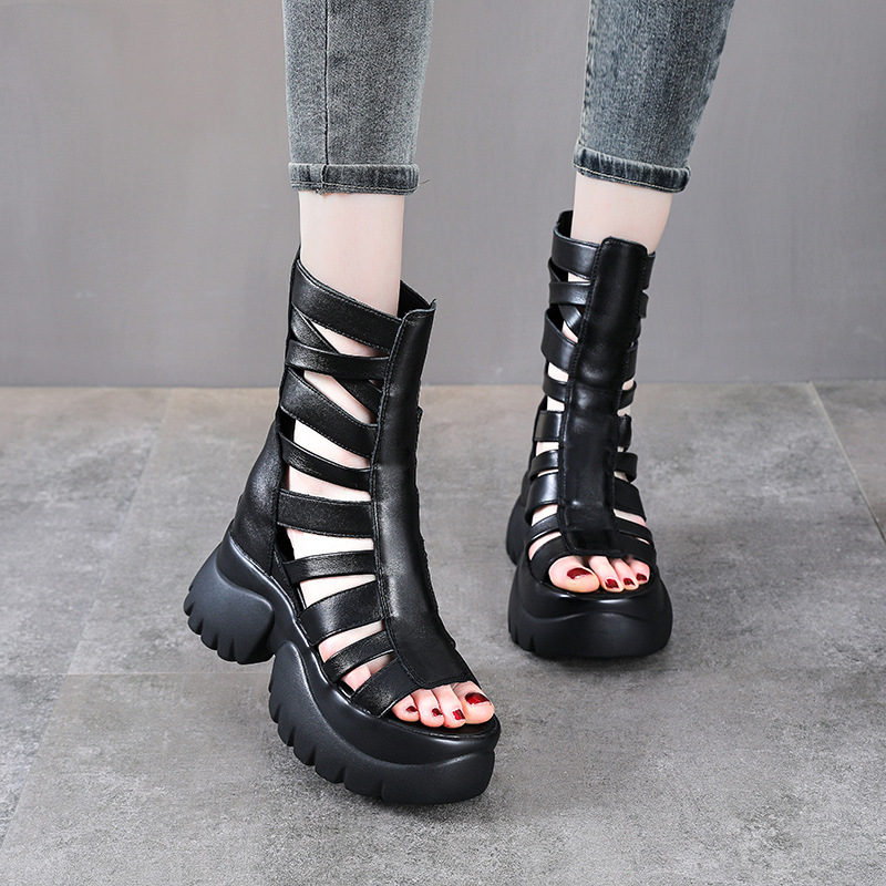Sandal cao gót nữ da bò thật đế xuồng, mũi hở, gót 9 cm, phong cách La Mã — màu đen