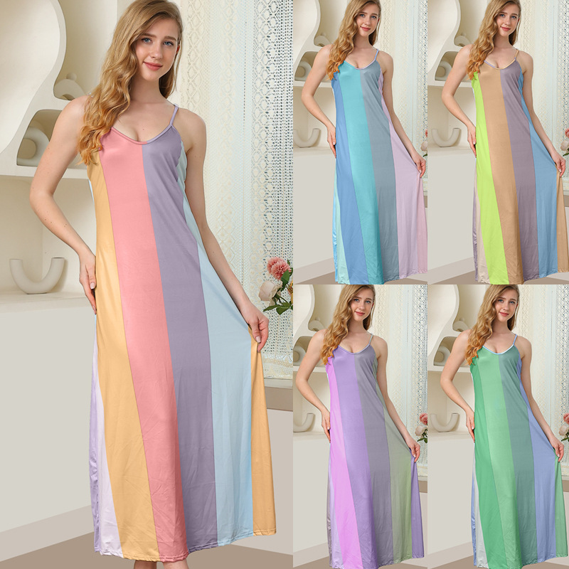 Women's Long Dress with Colorful Fabric Patchwork, Round Neck, Sweet and Fresh Girly Style, Macaron Color Versatile