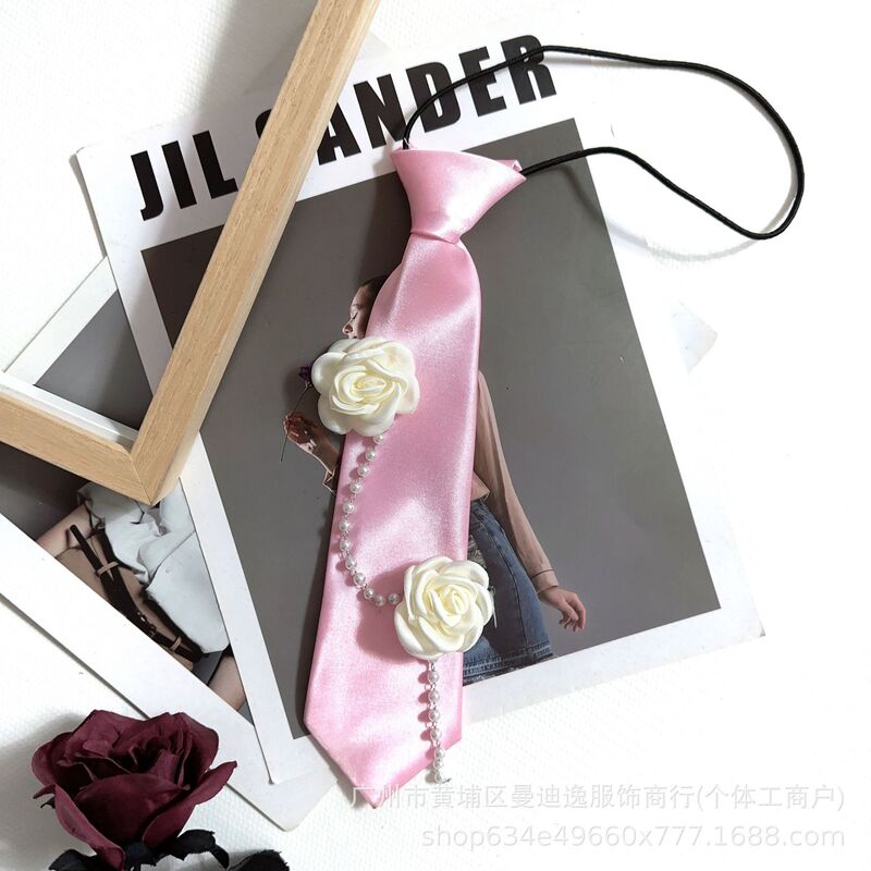 Pink Tie, Women's Shirt Decorated with Handmade Flowers, Pearl Bow Tie, Personalized College Style, Chanel Style, Pearl Chain