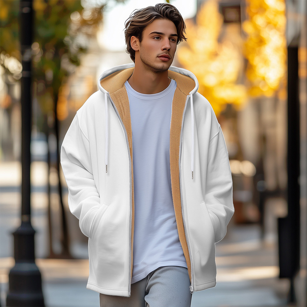 Neue britische Baumwolljacke mit plüschiger, bequemer, trendiger, lässiger Reißverschlusstasche und 3D-bedrucktem Kapuzenoutfit für Männer_voghion.com