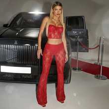 K23ST613欧美风女装春季新款无袖抹胸上衣松紧腰长裤蕾丝两件套装