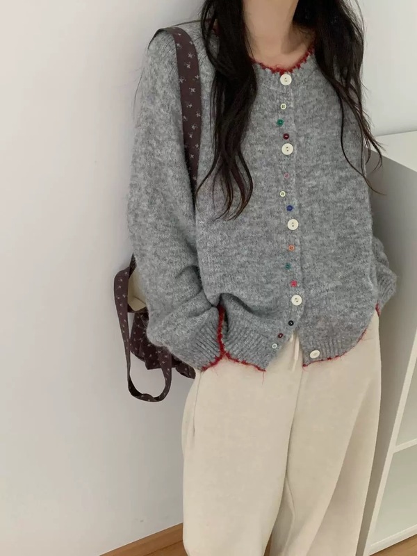 2025新款韩系复古撞色温柔风宽松软糯毛衣外套女针织开衫百搭上衣|undefined