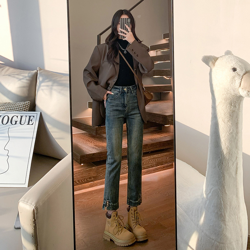 Women's split cropped cigarette tube pants for autumn and winter pure black stretch small straight jeans for autumn and winter Women's split cropped cigarette tube pants for autumn and winter pure black stretch small straight jeans for autumn and winter