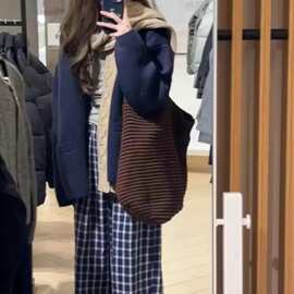 hello axc 复古咖色针织手提袋女2026秋季韩版编织包大容量托特包