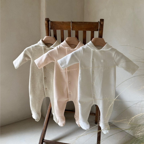 Newborn Spring Clothing—Class A Baby Small Lapel Open-Chest Single-Row Button Long Romper with Footed Onesie and Bib-style Overalls
