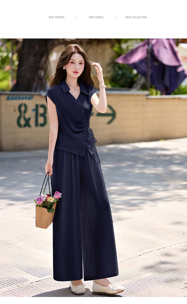 Bộ quần áo nữ hai mảnh gồm áo sơ mi eo thon và quần ống rộng, thiết kế thanh lịch mùa hè 2026 — Xanh lông mòng đen, màu mơ chi tiết 17