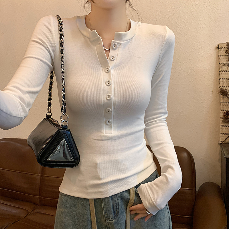 Cross-Border 92 Cotton American-Style Henley Collar White Slim-Fit Long-Sleeve T-Shirt for Women, Suitable for Spring, Autumn, and Winter as an Inner Layer or Base Shirt Cross-Border 92 Cotton American-Style Henley Collar White Slim-Fit Long-Sleeve T-Shirt for Women, Suitable for Spring, Autumn, and Winter as an Inner Layer or Base Shirt